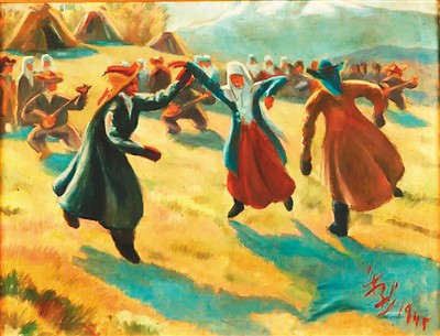 天山腳下歌舞(油畫) 韓樂然