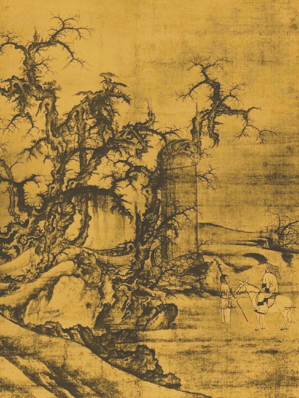 《黑神話：悟空》中的室外場景，隨處可見中國古代山水畫的影子。左圖為游戲畫面，右圖為北宋李成《讀碑窠石圖》。